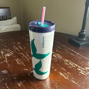 24oz Starbucks Hot/Cold White Tumbler with Green and Purple Mermaid